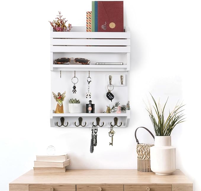 Key Holder, Wall Mounted Mail Organizer, Keys Holder on Wall with 9 Key Hooks, White