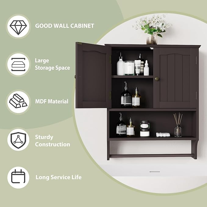 Smuxee Brown Wall Cabinet with Towel Bar - Medicine Cabinet with Adjustable Shelves, Over Toilet Cabinet for Laundry Room