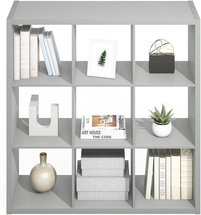 Furinno Simple Cube Storage Organizer, 9-Cube Display Shelf, Open Back Shelving Unit, Storage Shelves, Extra Thick Frame, for