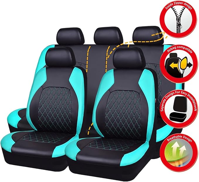 Universal Deluxe Pu Luxury Vinyl Faux Leather Car Seat Covers Full Set, Airbag Compatible, Breathable, Fit for Cars, Trucks, 