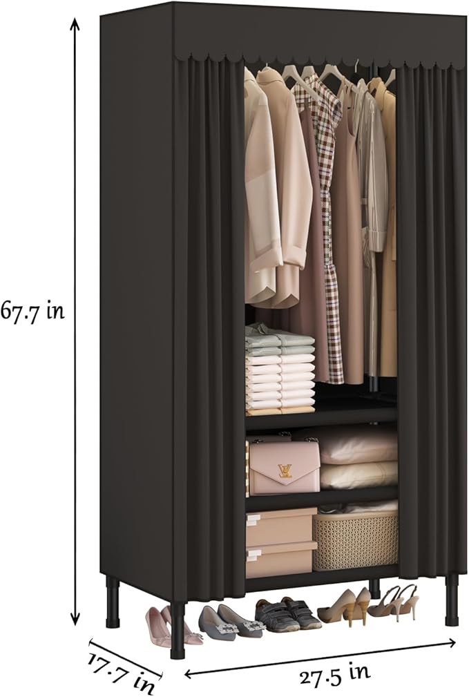 Portable Closet,Garment Rack,Heavy Duty Clothes Rack with Cover,Wardrobe Closet with 1 Hanging Rods, 2 Storage Shelves,27.5" 