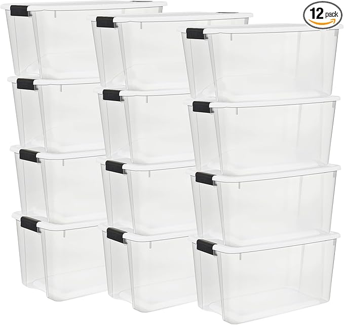 Sterilite 12-Pack Ultra Latching Box, Storage Bins with Lids, Clear Plastic, 70 Quart - Heavy-Duty Organizing Containers for 