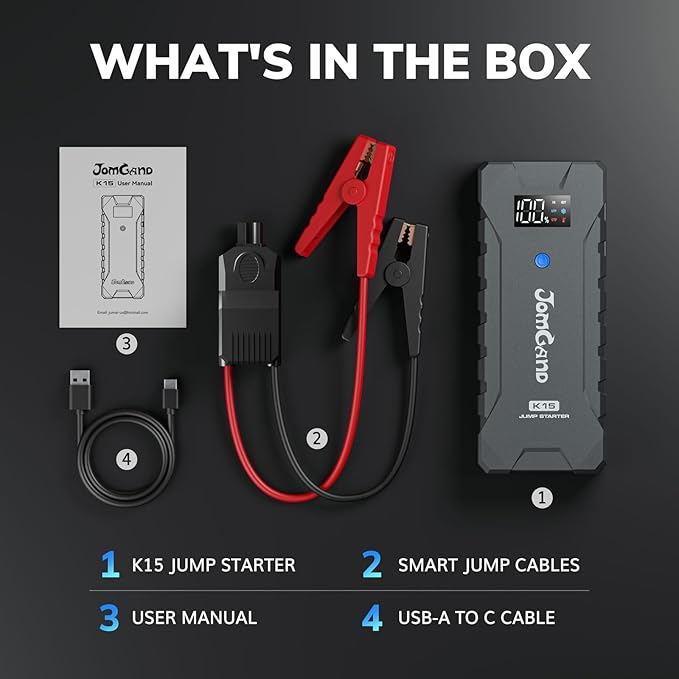 K15 Extremely Safe Jump Starter, 2500A Car Battery Jump Starter for Up to 8.0L Gas & 6.0L Diesel Engines, 12V Portable Jump Box with Jumper Cable, USB Charge, and 3 Mode Flashlight