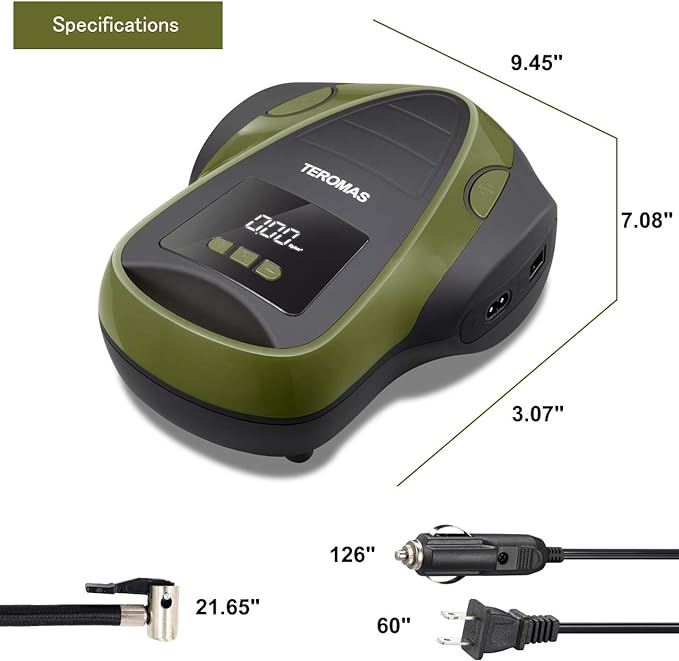 TEROMAS Tire Inflator Portable Air Compressor, Air Pump DC/AC for Car Tires 12V DC and Other Inflatables at Home 110V AC, Digital Electric Tire Pump with Pressure Gauge(Green)