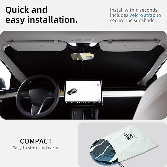 Ludicrous Sunshade for Tesla Model S/3/X/Y Front Windshield Sun Shade Accessories Juniper/Highland Foldable Car Window Sun Blocker with Organizer Bag,Triple-Coated Triple Layer