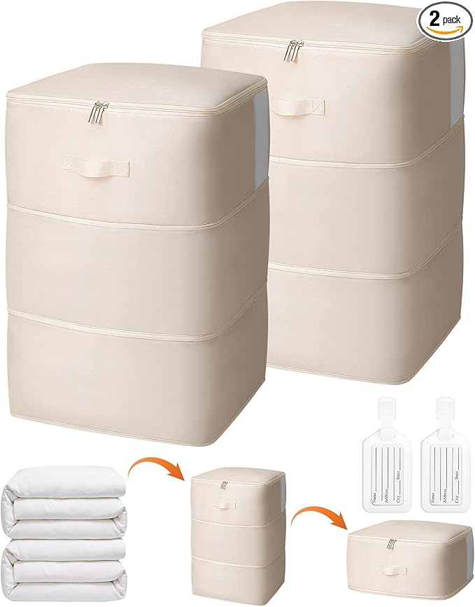 2 Pack Comforter Storage Bag, 204L Blanket Storage Bags Self Compression Comforter Organizer and Storages, Space Saving Washa