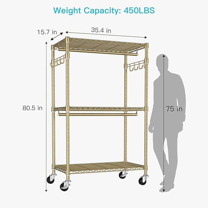 FUTASSI P1 Rolling Clothes Rack, Movable Metal Garment Closet Organizer with Lockable Wheels, Clothing Wardrobe with Double H
