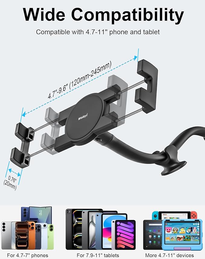 woleyi Tablet Holder for Car Dashboard Windshield [Gooseneck Long Arm] Suction Cup iPad Holder for Car, Car Tablet Mount Compatible with iPad Pro Air Mini, Galaxy Tab, Z Fold, iPhone, 4.7-11" Devices