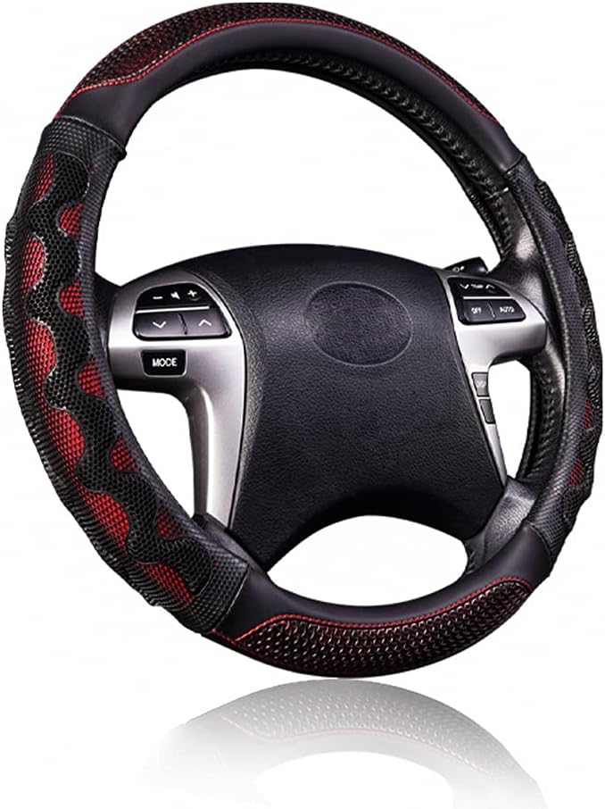 Flying Banner car Steering Wheel Cover Faux Leather Massage Universal fit 3D Honeycomb Hole Anti-Slip Sporty 15 Inches (Red w