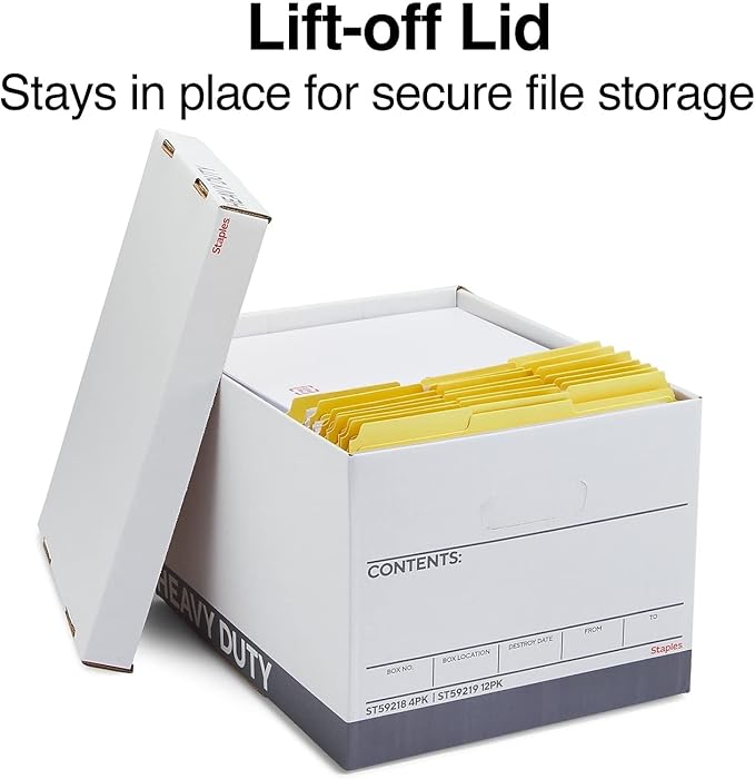 Staples Storage & Filing Box, Heavy-Duty with Handles & Removable Lid, Letter & Legal Size Documents, Stackable, 12-Pack, Whi