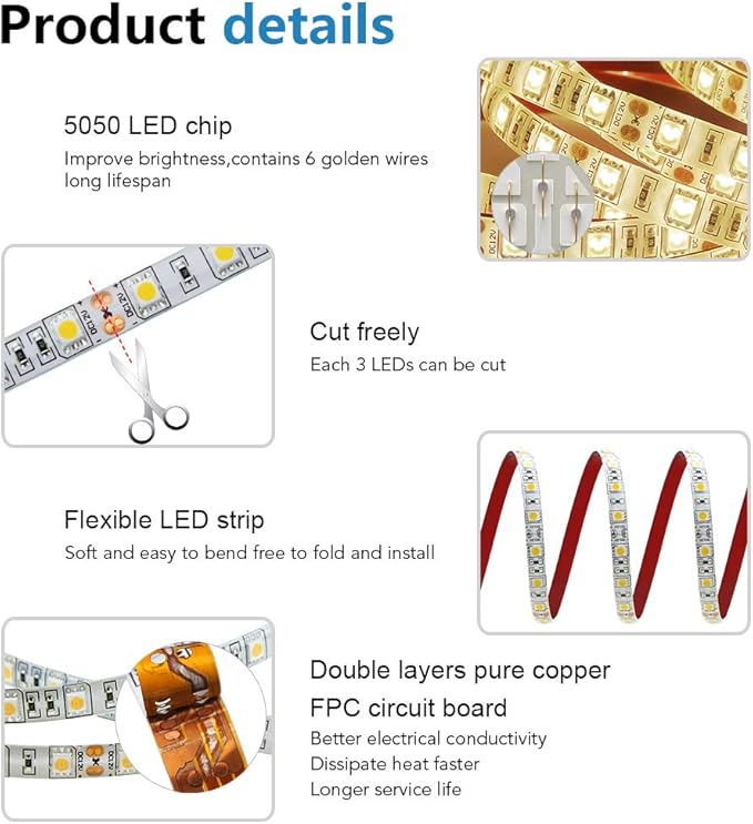 ALITOVE 16.4ft Warm White 3500K 5050 SMD LED Flexible Strip Ribbon Light 5M 300 LEDs Waterproof IP65 DC 12V for Home Garden Commercial Area and Festival Lighting