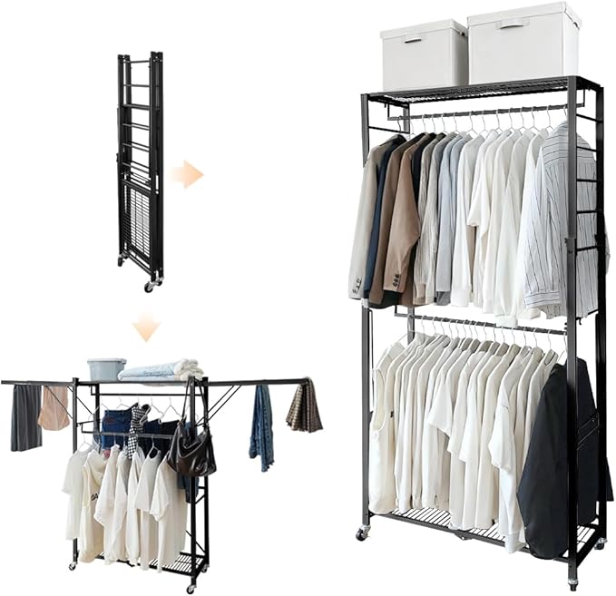 lumizone Folding Clothing Rack with Wheels Expandable Wardrobe Portable Clothes Rack for Hanging Clothes Adjustable Closet Sh