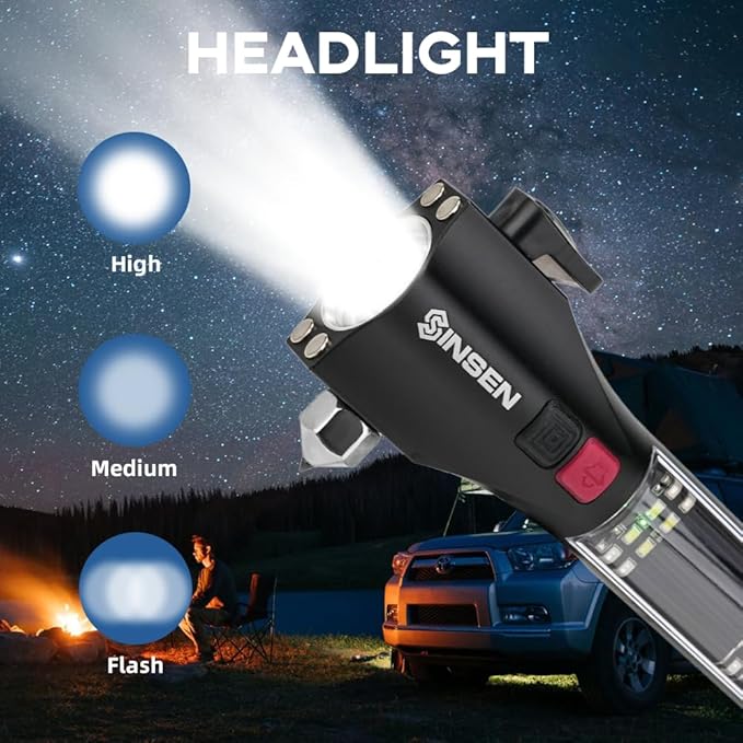 SINSEN Car Safety Hammer Flashlight, Tactical Emergency Rescue Tool, LED High Lumens Rechargeable Solar Powered Escape Kit, W