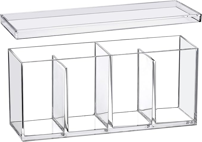 Amazing Abby - Qutie - Acrylic 4-Compartment Makeup Organizer with Lid, Clear Plastic Bathroom Vanity Organizer, Great for Co