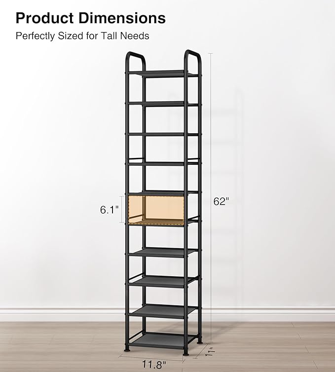 STO STO 10-Tier Narrow Shoe Rack with Sturdy Mesh Shelves, Slim Tall Metal Shoe Organizer for Entryway, Closet, Hallway, Hold