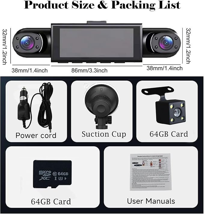360° Full View Dash Cam Front and Rear Inside, 4 Channel Dashcam 1080P Full HD Dash Camera for Cars with Infrared Lamps Night