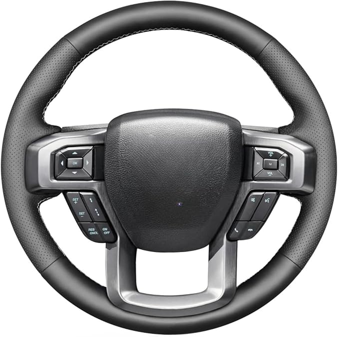 MEWANT DIY Hand Sew Black Genuine Leather Steering Wheel Cover for Ford F-150 F-250 F-350 F-450 F-550 F-600 F-650 F-750