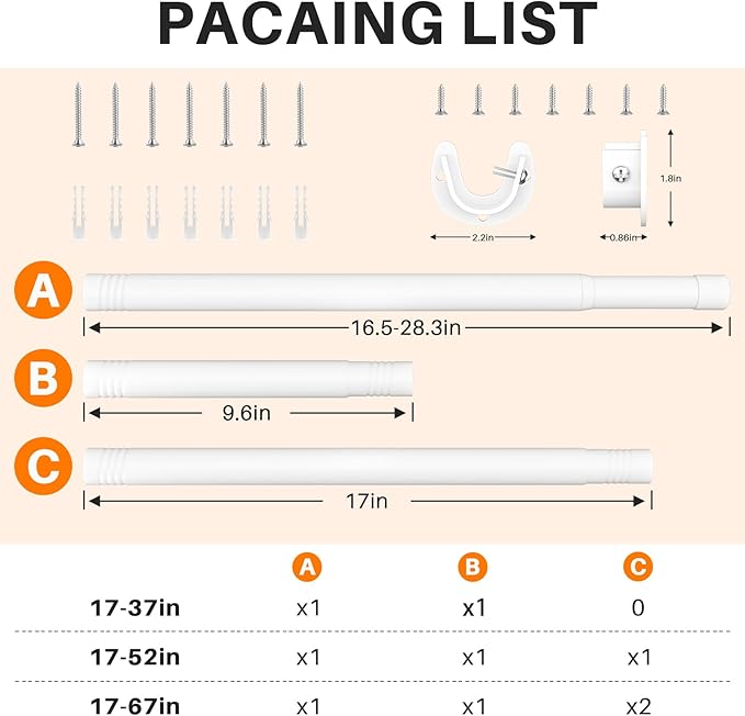 Closet Rod, Closet Rods for Hanging Clothes, 17 to 52 inch Adjustable Closet Hanging Rod, Heavy Duty Clothes Rod Clothing Bar