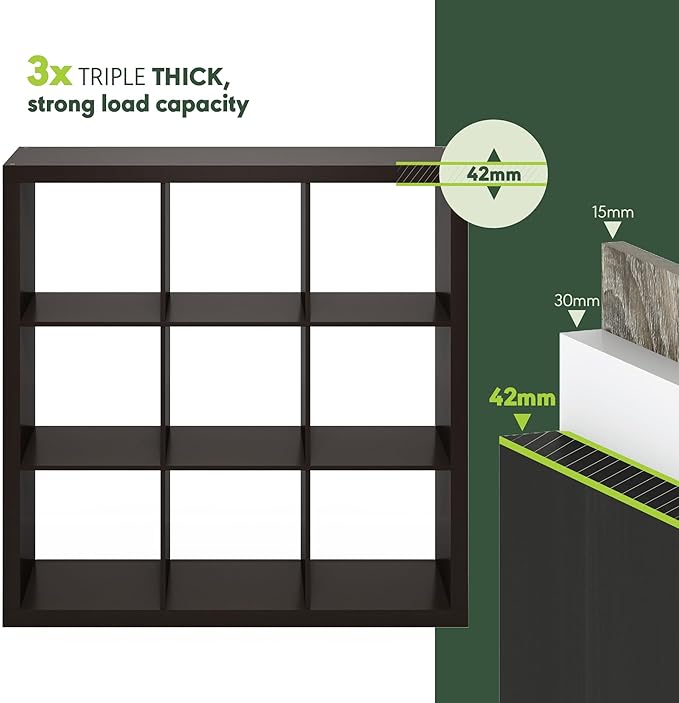 Furinno Cubicle Book Shelf, 9-Cube Bookshelf, Triple Thick Frame Cube Storage Organizer, 1.65" Thick Bookcase, 15.4" x 43.8" 