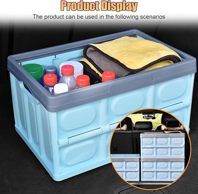 Car Trunk Organizer, Foldable Plastic Cargo Storage Box with Lid, Large Car Tool Container with Handles, Universal Automotive