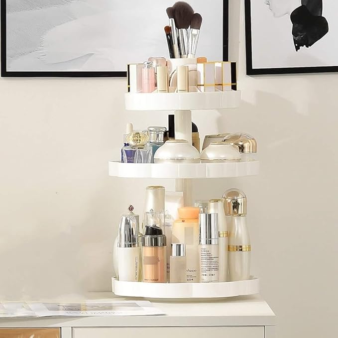 360 Rotating Makeup Organizer with 3 Layers, Adjustable Cosmetic Storage Rack, Large Capacity Makeup Display Case for Skincar