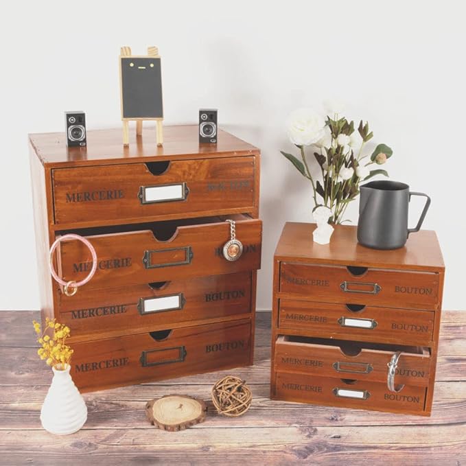 Wooden Storage Box with 4 Drawers Vintage Office Supplies and Accessories Letter Tray Wood Desktop School Supply Organizer Li