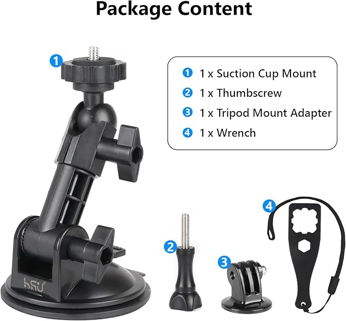 HSU Car Suction Cup Mount for GoPro/Insta 360/DJI Osmo Action Camera, Car Window Holder with 1/4-20 Ball Joint Thread, Perfect for Boats Vehicle Windshield & Window