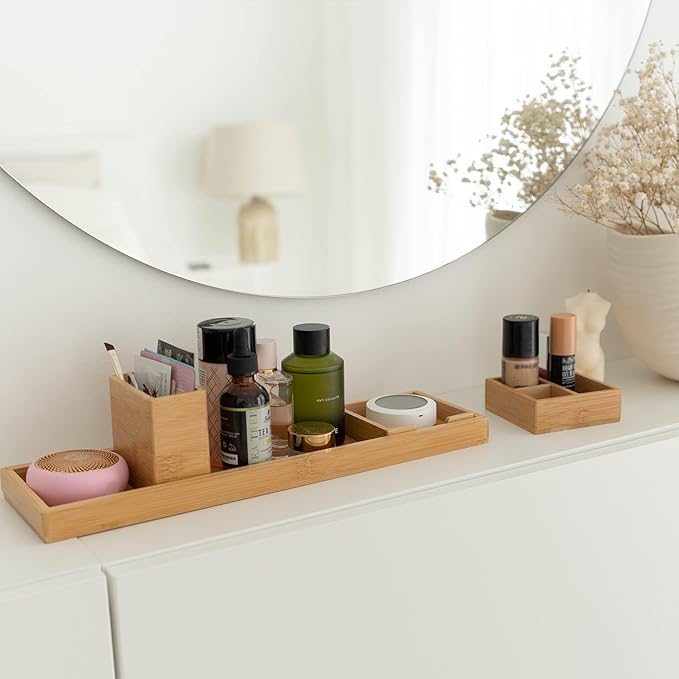 Bamboo Vanity Tray, 6-Piece Bathroom Countertop Vanity Tray Set, Makeup Kitchen Desk Organizer and Storage - Holds Small Item