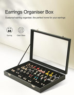 Coward Earring Organizer Tray Box, Black Velvet Earring Jewelry Display Storage Tray Case with Transparent Glass Lid for Home