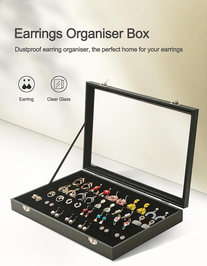 Coward Earring Organizer Tray Box, Black Velvet Earring Jewelry Display Storage Tray Case with Transparent Glass Lid for Home