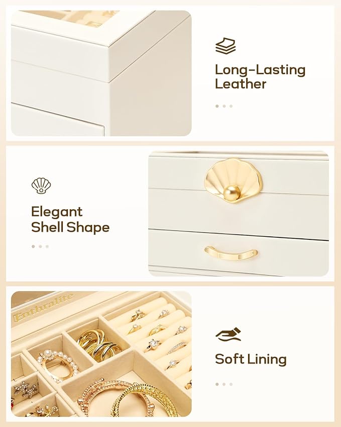 Enthralite Jewelry Box with 2 Drawers: Display Organizer for Earrings Necklaces - Gift for Girls Women (White)