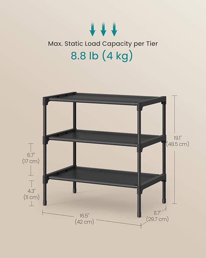 SONGMICS Shoe Rack, 3-Tier Shoe Storage Organizer, Space-Saving, 11.7 x 16.5 x 19.1 Inches, Entryway, Metal Frame, Non-Woven 