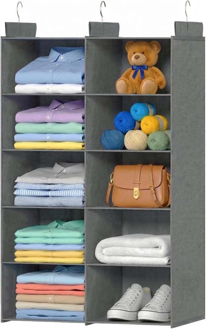 ALLTIDYUP Grey 5-Tier Hanging Closet Storage Organizer - Space-Saving Dual-Row Foldable Shelves with 3 Hooks, Wardrobe Organi