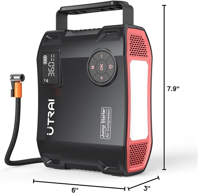 UTRAI Jump Starter with Air Compressor, 7000A 27000mAh Car Starter Jump Box with 150PSI Tire Inflator, Portable Jump Pack (All Gas/10L Diesel), DC160W, QC3.0 Jumper Cables, 1600LM Light