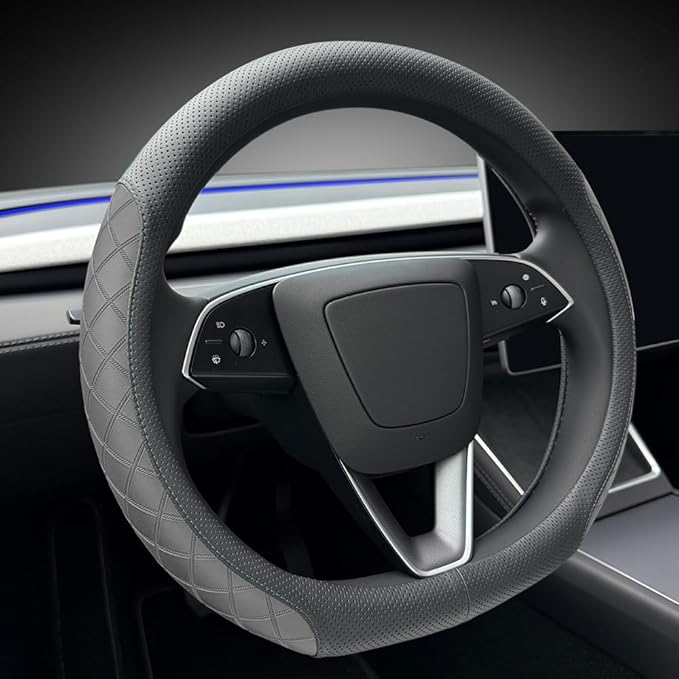 LKWLIKEI Leather Steering Wheel Cover. Elegant Diamond Checkered Design, Non-Slip and Breathable, for Tesla Model 3/Y Steerin