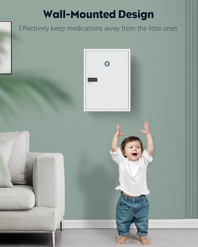 Uniclife Wall Mount Medicine Cabinet with Combination Lock, Locking First Aid Cabinet, Lockable Medical Cabinet, Large Capaci