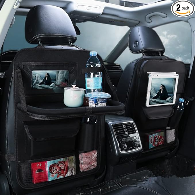 Tumecos Car Seat Back Organizer, 2 Pack Back Seat Organizers and Storage with Touch Screen Tablet Holder, Kick Mats, Back Seat Protector (black)