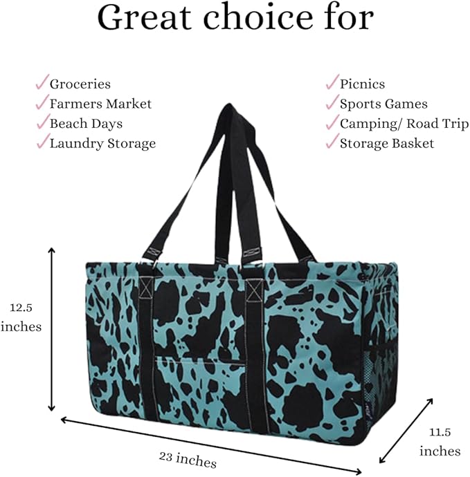 NGIL Extra Large Utility Tote Reusable Grocery Bag Oversized Collapsible for Groceries, Storage, Picnic, Beach (Cow Turquoise- Turquoise)