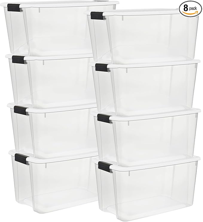 Sterilite 8 Pack Ultra Latching Box, Storage Bins with Lids, Clear Plastic, 70 Quart - Heavy-Duty Organizing Containers for C