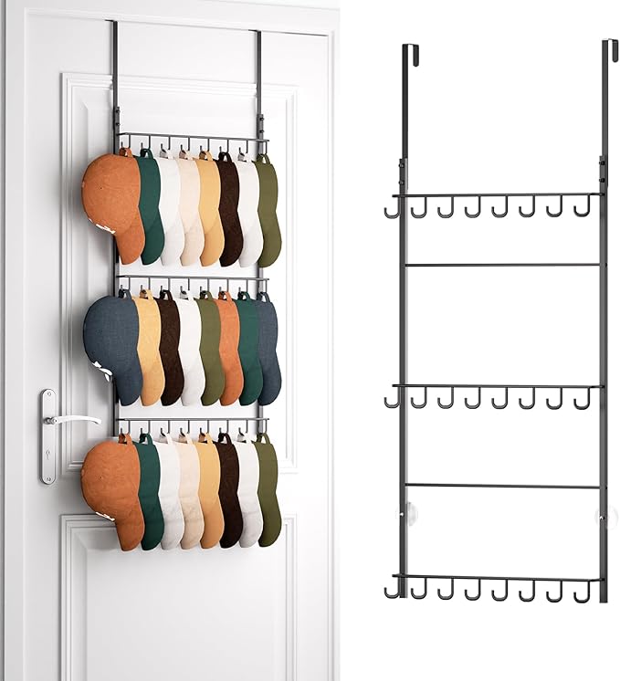 HapiRm Over Door Hat Rack - 3 Tier Wall Mounted Hat Organizer with 24 Hooks, Baseball Cap Organizer Storage Holds up to 24 Ca