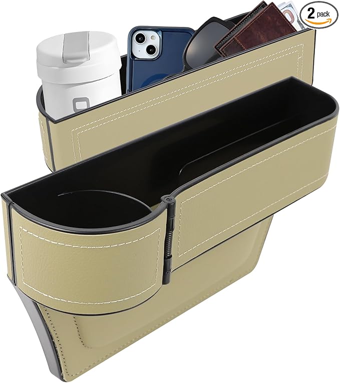 Car Seat Gap Filler Organizer, Multifunctional Car Seat Organizer with Adjustable Cup Holder, Leather Car Seat Gap Storage Box for Holding Phones, Coins, Cards, Keys, Pens (Beige)