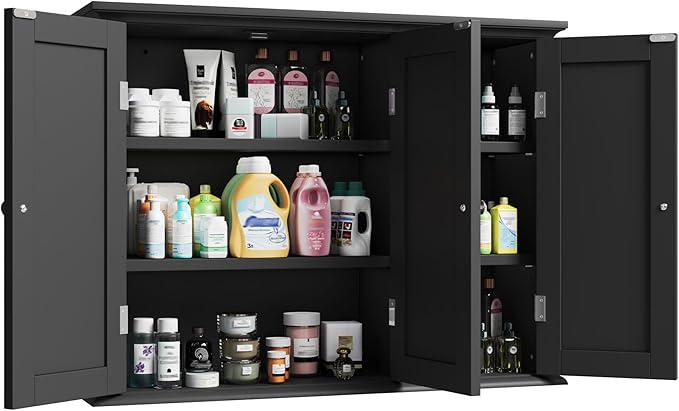 ChooChoo Bathroom Wall Cabinet with 3 Doors, Laundry Cabinet Wall Mounted, Medicine Cabinet with Adjustable Shelves, Hanging 