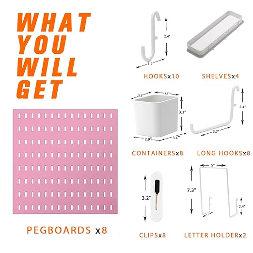 Peg Board Combination Kit, 8 Pegboards with 40 Accessories, Pegboard Wall Organizer for Office, Nursery & Home Storage, Key H