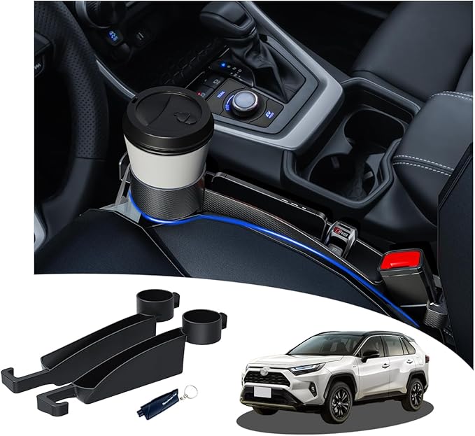 Seat gap filler Compatible with Toyota RAV4.Deeper Than Standard Retail Models(7.5cm)|Added Cup Holder (2 Fixed Points) + Hooks + Charging Cable Port |2pcs Black| Free Window Break Hammer 1pcs|