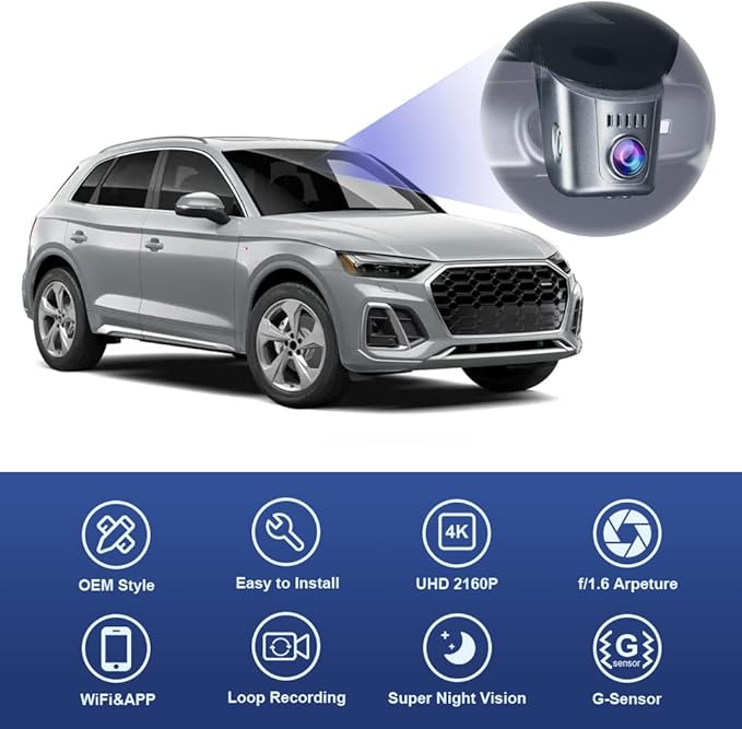 Fitcamx 4K Dash Cam Adapts for Audi 2019-2026 A4 A6 Allroad A3 A5 Q5 S4 S6 Q7 A8 Q8 S8 TT A7 S5 Q3 e-tron (Model A), OEM Look