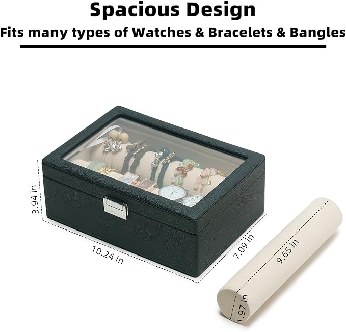 Bracelets Organizer Rods Bangles Display Holder, Clear See through Lid Leather Velvet Jewelry Storage Box Case for Women, 2 R