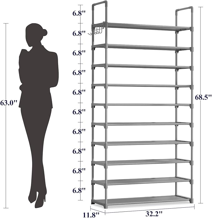 Kitsure Shoe Rack for Closet - 10-Tier Shoe Organizer with Hook Rack, Large-Capacity & Space-Saving Shoe Shelf for Entryway, 