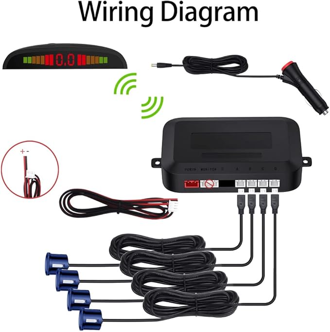 Cordless Parking Sensor, Reverse Radar System with 4 Car Backup Sensors, LED Distance Display with Sound Warning + 4 Blue Parking Sensors for Cars, Vans, RVs, and Trailers
