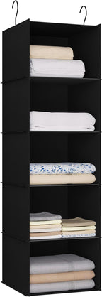 Hanging Closet Organizer and Storage 5-Shelf, Easy Mount Foldable Hanging Closet Wardrobe Shelves, Clothes Handbag Shoes Acce