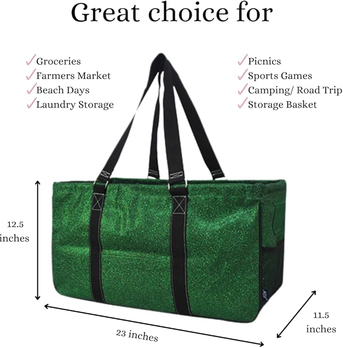 NGIL Extra Large Utility Tote Reusable Grocery Bag Oversized Collapsible for Groceries, Storage, Picnic, Beach (Green Glitter- Green)